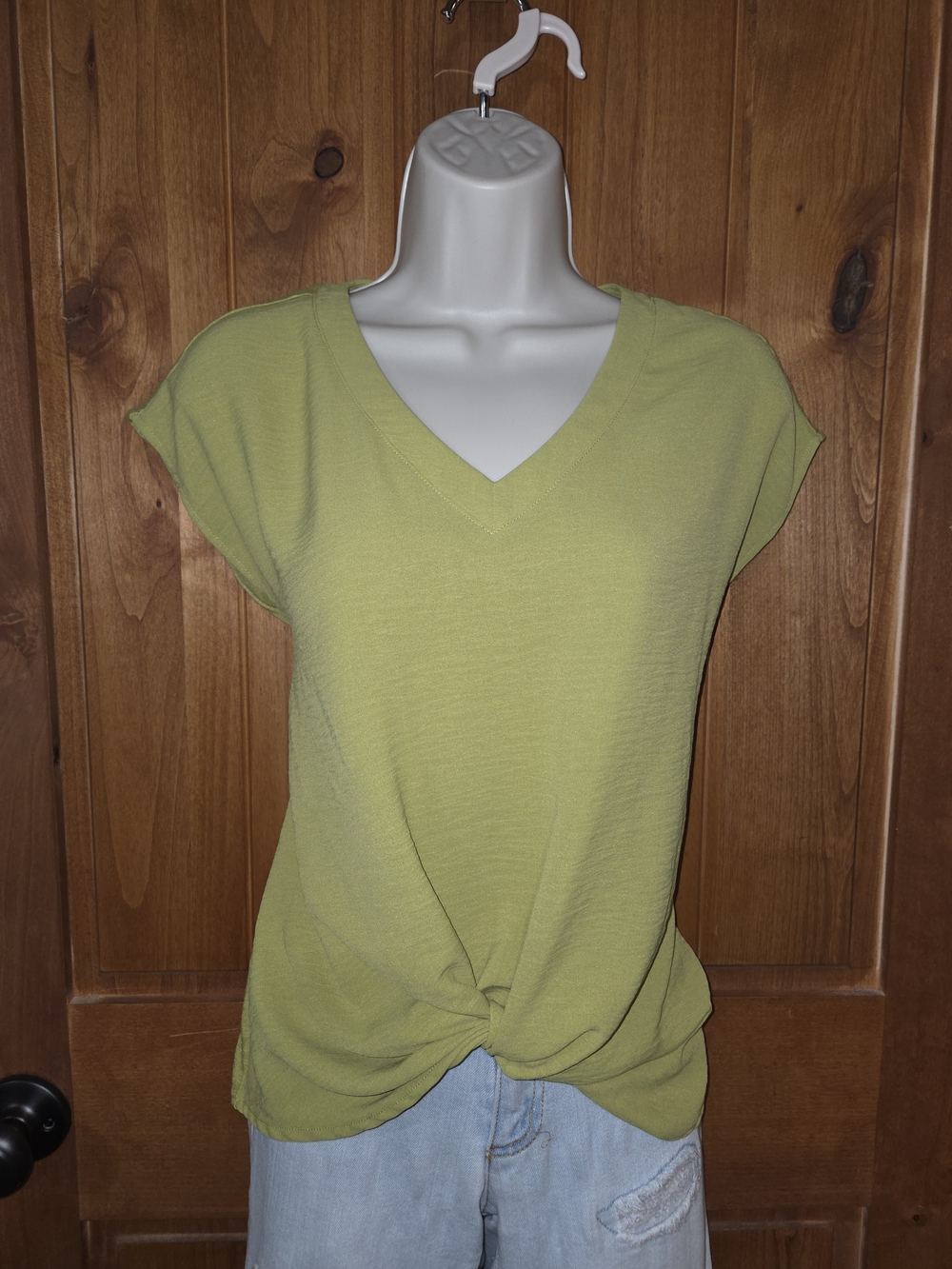 Love & Promises Twist-Front V-Neck Blouse in Light Green